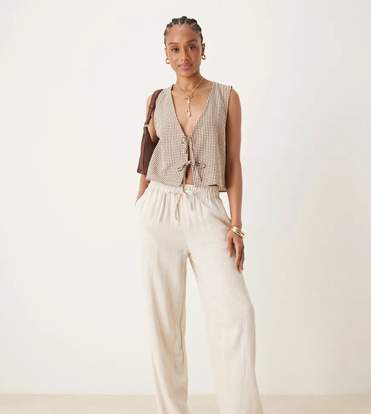  Asos Design Tall Linen Look Pull On Trousers In Stone Neutral 