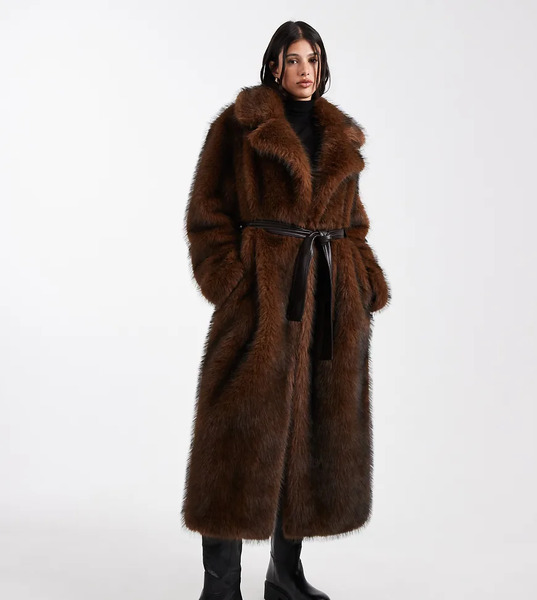  Asos Design Tall Longline Faux Fur Belted Jacket In Chocolate Brown 