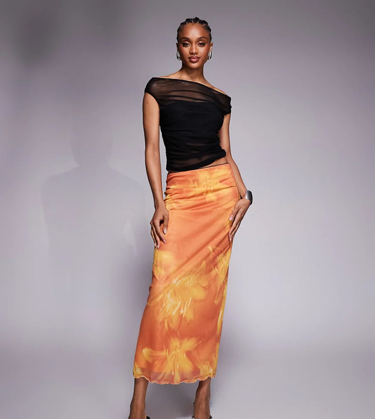  Asos Design Tall Mesh Midi Skirt In Oversized Floral Print Multi 
