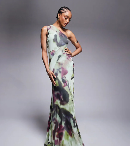  Asos Design Tall Mesh One Shoulder Exposed Seams Maxi Dress With Full Hem In Abstract Tie Dye Print Multi 