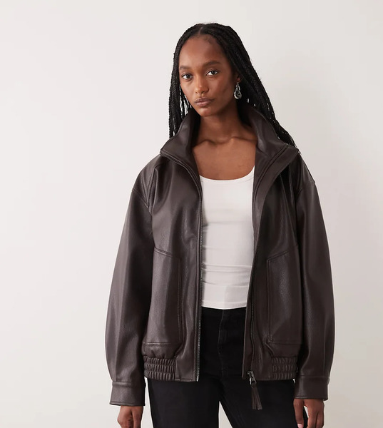  Asos Design Tall Oversized Leather Look Funnel Bomber Jacket In Chocolate Brown 