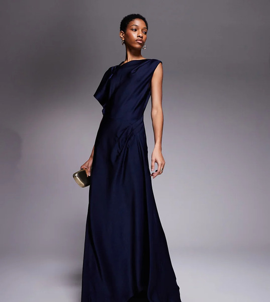  Asos Design Tall Satin Asymmetric Neckline Maxi Dress With Pleat Shoulder And Skirt Detail In Midnight Blue Navy 