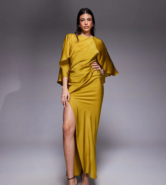  Asos Design Tall Satin Ruffle Cape Sleeve Maxi Dress With Open Back Detail And High Split In Chartreuse Green 