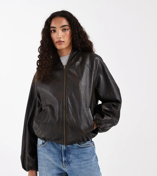  Asos Design Tall Washed Leather Look Oversized Bomber Jacket In Brown 