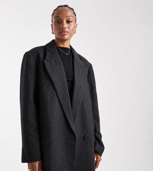  Asos Design Tall Wool Blend Pinstripe Formal Blazer In Charcoal Grey 