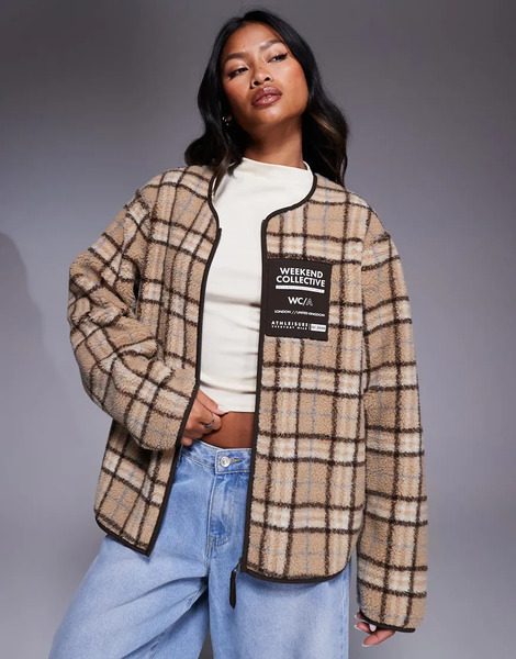  Weekend Collective Borg Zip Through Fleece With Neutral Check Design Multi 