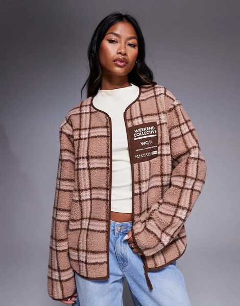  Weekend Collective Borg Zip Through Fleece With Pink Check Design Multi 