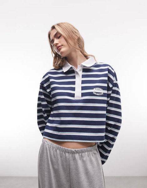  Weekend Collective Cropped Stripe Polo Top In Navy Multi 