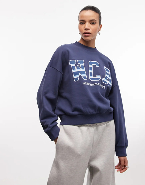  Weekend Collective Oversized Sweatshirt With Stripe Varsity Logo In Navy 