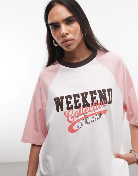  Weekend Collective Raglan Tee With Pink Graphic White 