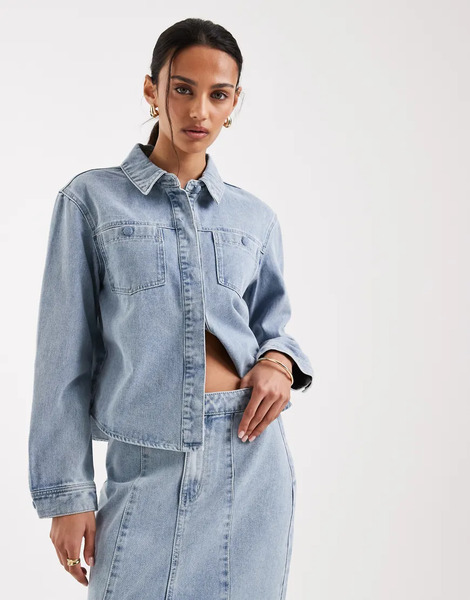  Aware Button Up Denim Overshirt With Pockets In Light Blue Denim 