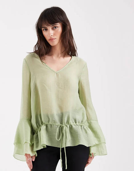  Aware Flared Sleeve V Neck Top In Herb Green 