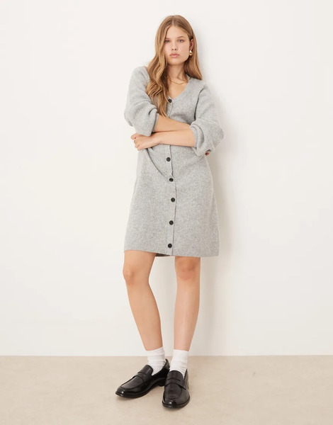  Aware Knitted Button Front Mini Dress In Grey Marl 
