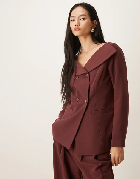  Aware Open Collar Blazer Co Ord In Port Red 