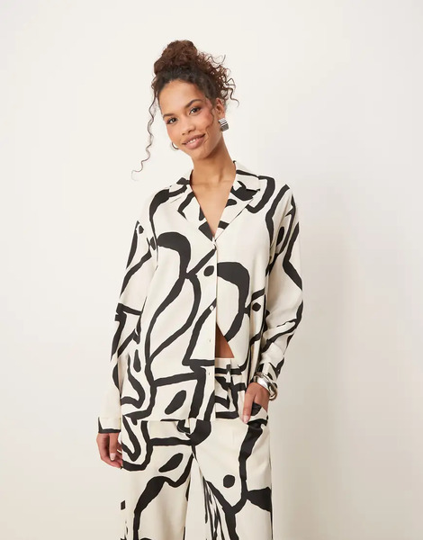  Aware Oversized Satin Shirt Co Ord In Mono Print Multi 