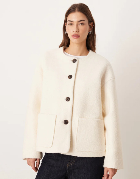  Aware Premium Wool Mix Textured Button Front Cropped Jacket In Cream White 