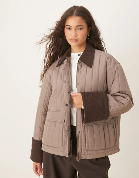  Aware Quilted Barn Jacket With Contrast Trims In Brown 