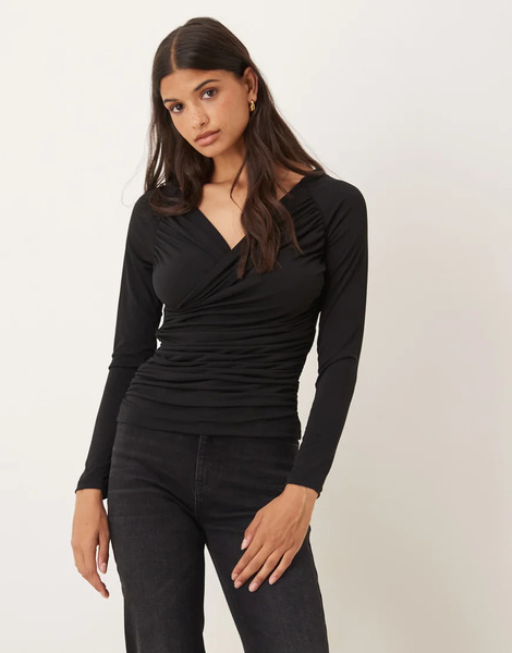  Aware Slinky Wrap Front Drapey Top In Black 