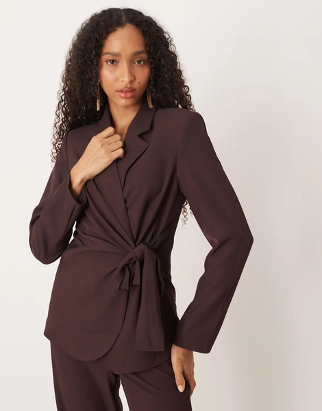  Aware Tie Side Tailored Blazer Co Ord In Chocolate Brown 