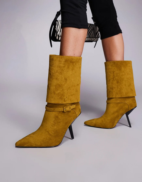  Azalea Wang Winding Foldover Heeled Ankle Boots In Olive Faux Suede Green 