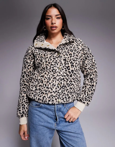  Barbour International Harley Leopard Fleece Jacket In Beige & Black Multi 