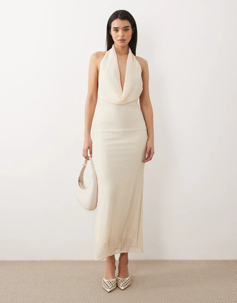  Bardot Nola Extreme Cowl Halter Neck Beaded Sequin Embellished Low Back Maxi Dress In Cream   Yellow 