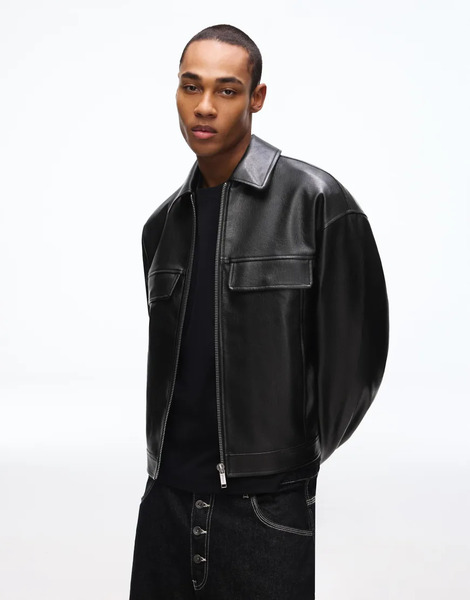  Bershka Boxy Faux Leather Jacket In Black 