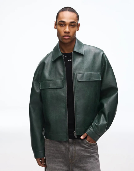  Bershka Boxy Faux Leather Jacket In Green 