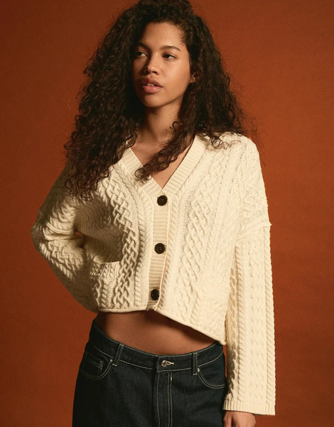  Bershka Braided Rustic Cardigan In Ecru White 