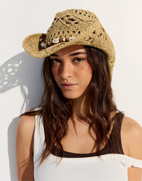  Bershka Cowboy Hat With Shells In Camel Neutral 