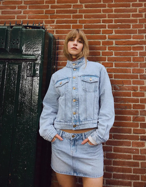  Bershka Denim Jacket In Mid Blue 