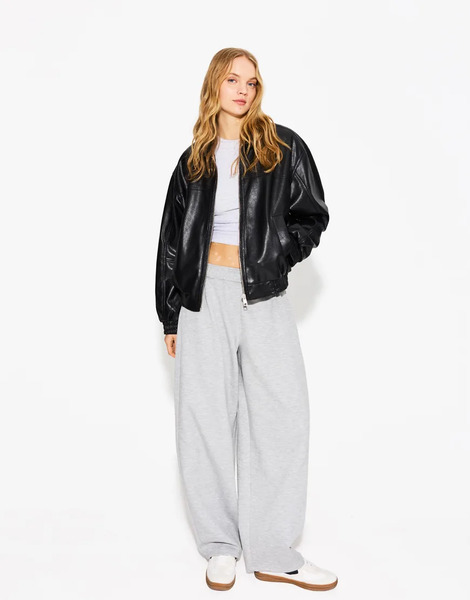  Bershka Faux Leather Oversized Jacket In Black 