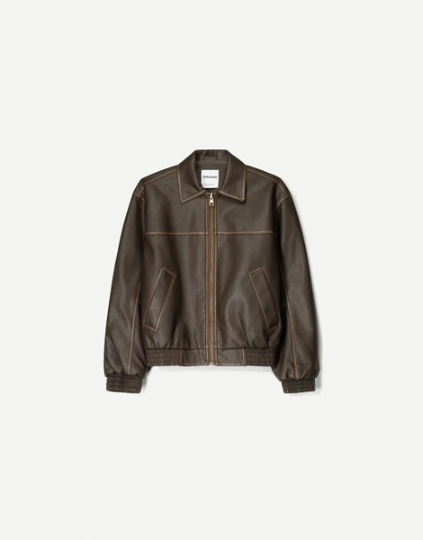  Bershka Faux Leather Oversized Jacket In Brown 