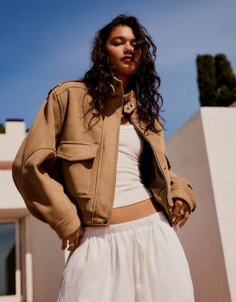 Bershka Faux Suede Jacket In Beig Brown 