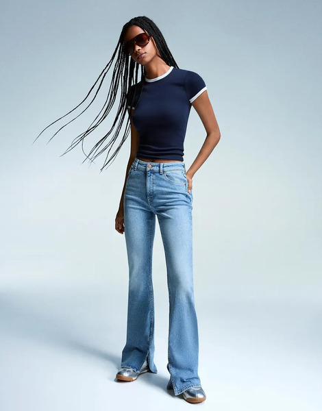  Bershka Flared Jeans With Slit In Mid Blue 