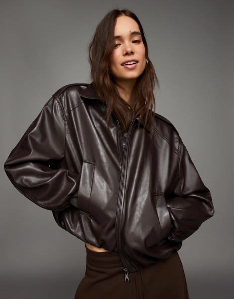  Bershka Leather Effect Balloon Jacket In Brown 