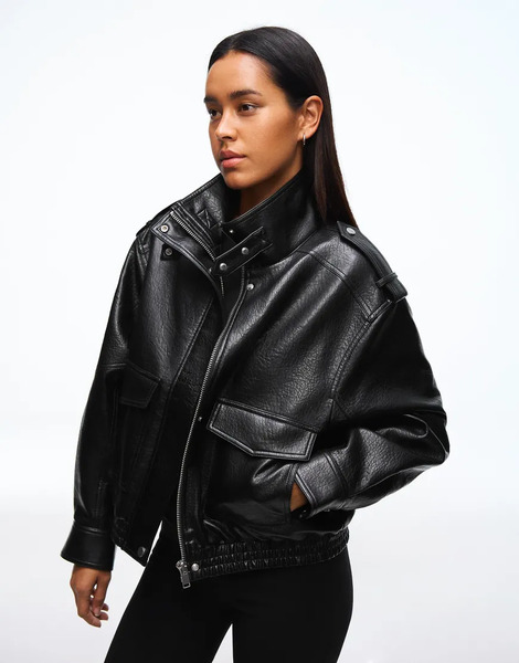  Bershka Leather Effect Funnel Neck Jacket In Black 