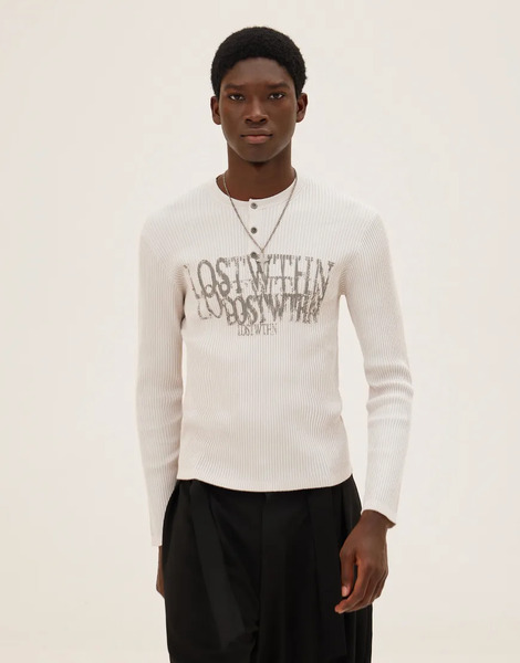  Bershka Printed Henley Jumper In Grey 