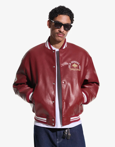  Bershka Printed Leather Effect Jacket In Red 