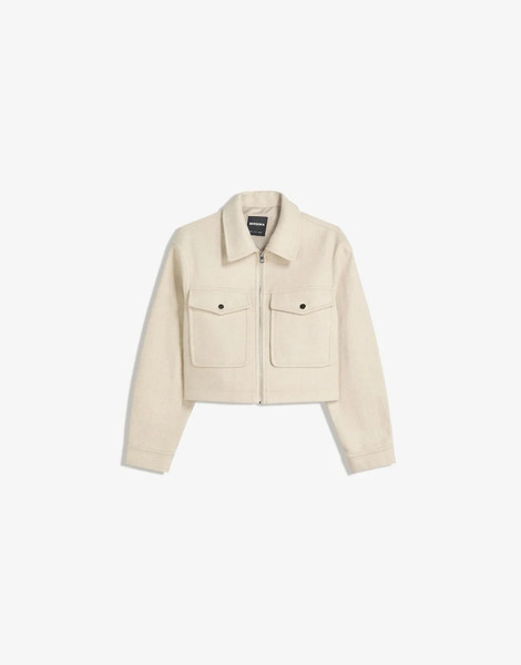  Bershka Soft Felt Texture Jacket In Beige Neutral 