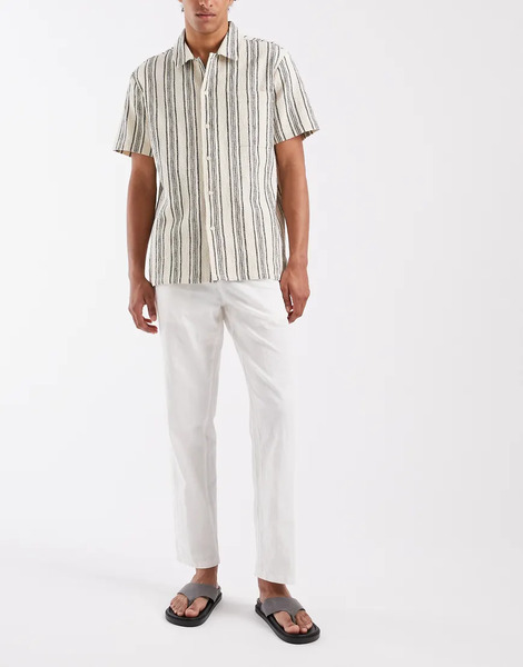  Blend Cotton Linen Drawstring Waist Regular Fit Trousers In White 