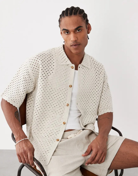  Blkvis Crochet Shirt In Cream Grey 