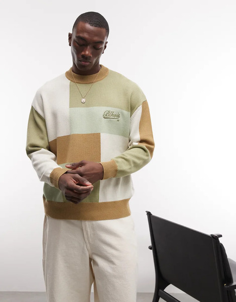  Blkvis Patchwork Knitted Crewneck Jumper In Multi Green 