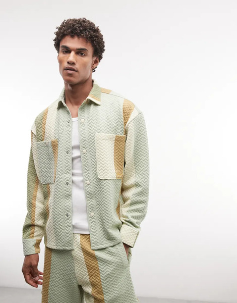  Blkvis Striped Quilted Overshirt Co Ord In Green Multi 