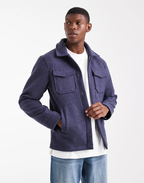  Brave Soul Button Up Shacket In Navy 