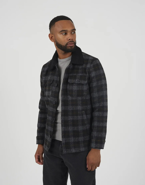  Brave Soul Checked Jacket With Sherpa Collar In Black 