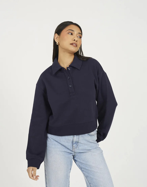  Brave Soul Collared Button Down Sweatshirt In Navy 