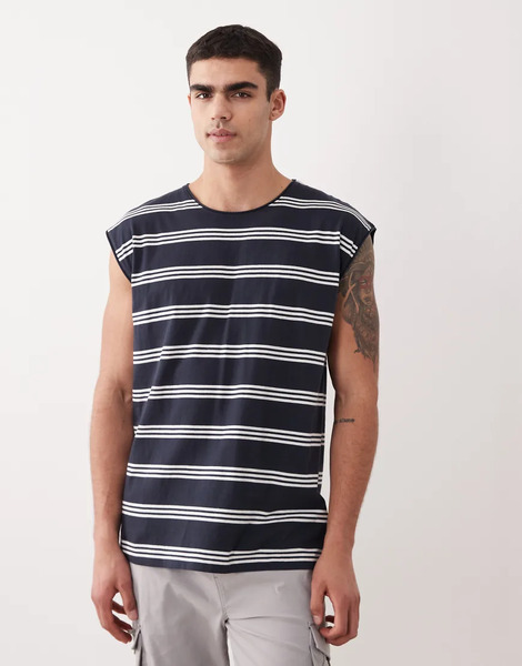  Brave Soul Oversized Tank Vest In Navy & White Stripe 