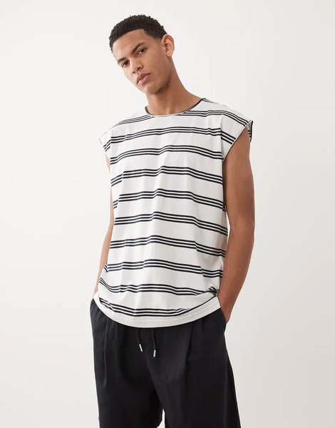  Brave Soul Oversized Tank Vest In White & Navy Stripe 