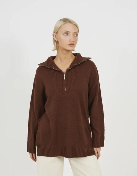  Brave Soul Oversized 1/2 Zip Knitted Jumper In Chocolate Brown 
